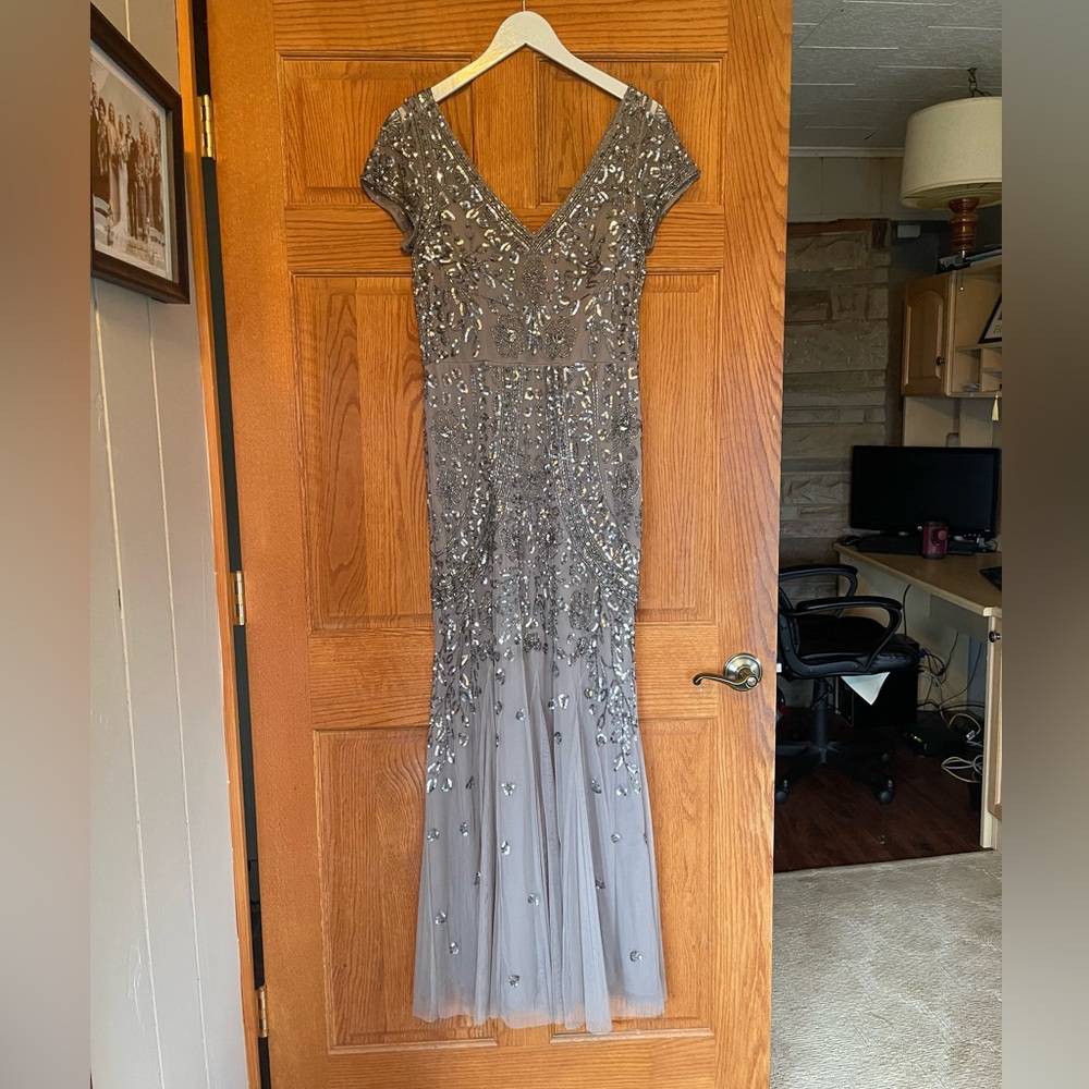 David’s Bridal V-neck beaded short sleeve dress with godets